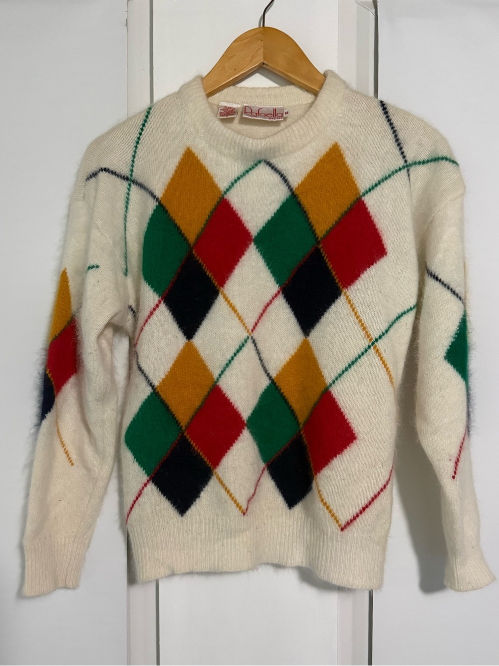 VTG RAFAELLA Bright Argyle Fuzzy Angora Lambswool Long Pullover Sweater Wm's M/S
